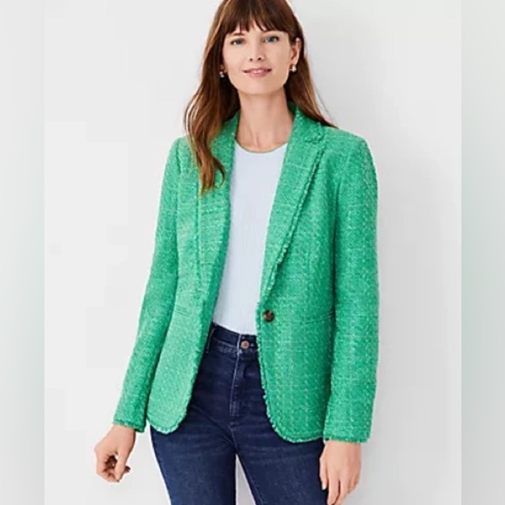 Ann Taylor The Hutton Blazer In Tweed In Bright Jade Size 0